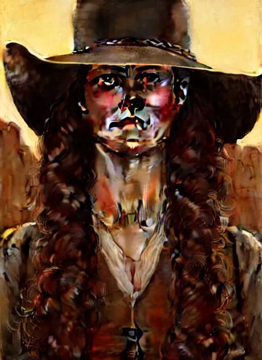 Prompt: portrait of dolores from westworld, cowboy, 1 8 9 0, western, hat, colt intricate, headshot, highly detailed, digital painting, artstation, concept art, sharp focus, cinematic lighting, illustration, art by artgerm and greg rutkowski, alphonse mucha, cgsociety