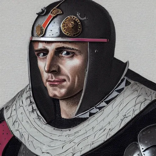 Prompt: Emmanuel Macron, in medieval armor, high detail, realistic,