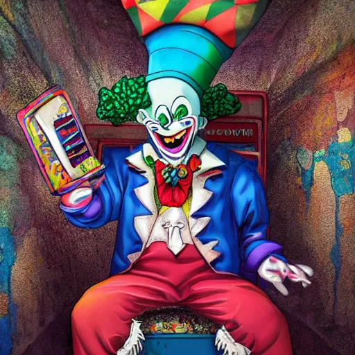 Image similar to krusty the clown wearing bizarre clown makeup, and intricate clown costume, sitting on a throne in an abandoned subway, by rossdraws, vivid colors, studio lighting, digital artwork, uhd, best of artstation