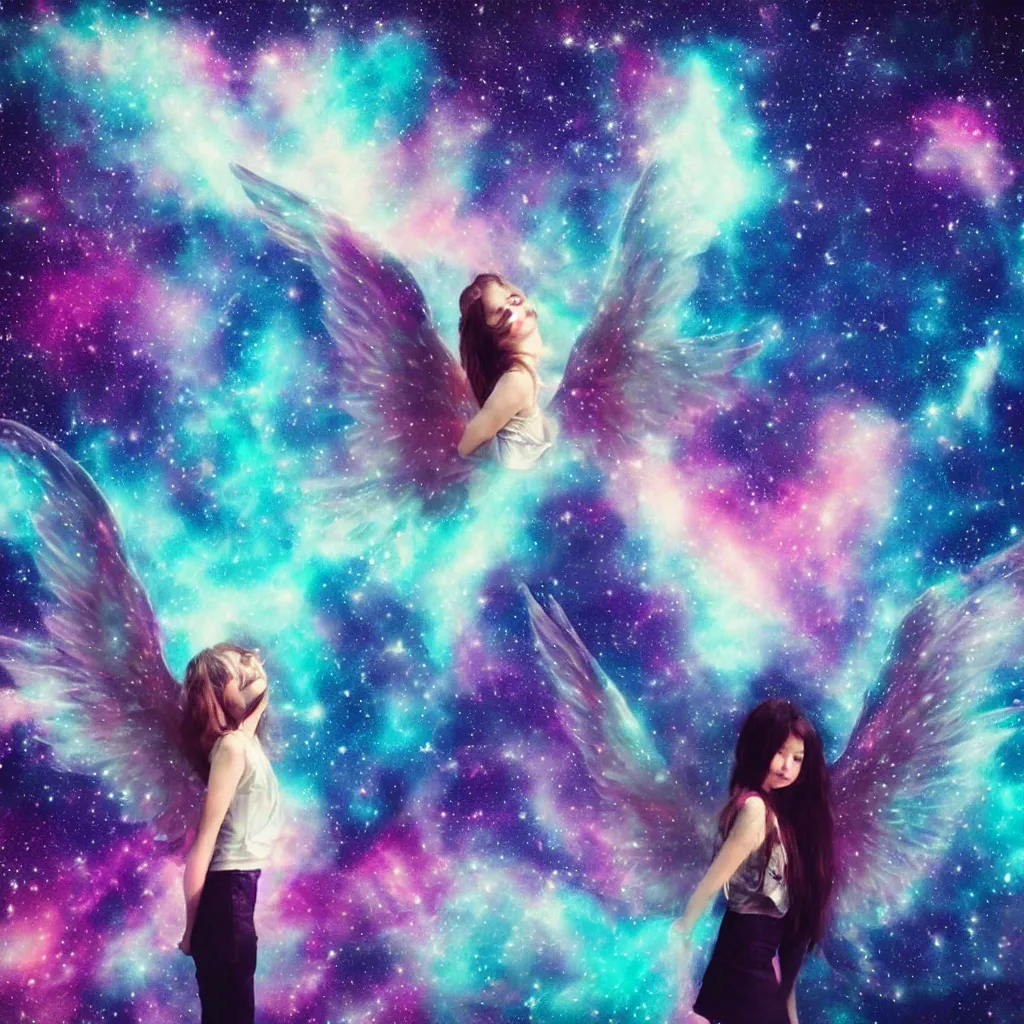 Image similar to girl cover in cosmic shadows with giant wings of glowing nebulas, realistic photograph, polaroid pic by horror