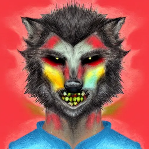 Image similar to wolfman with red liquid on his mouth, digital art, pastel, colorful, rainbow