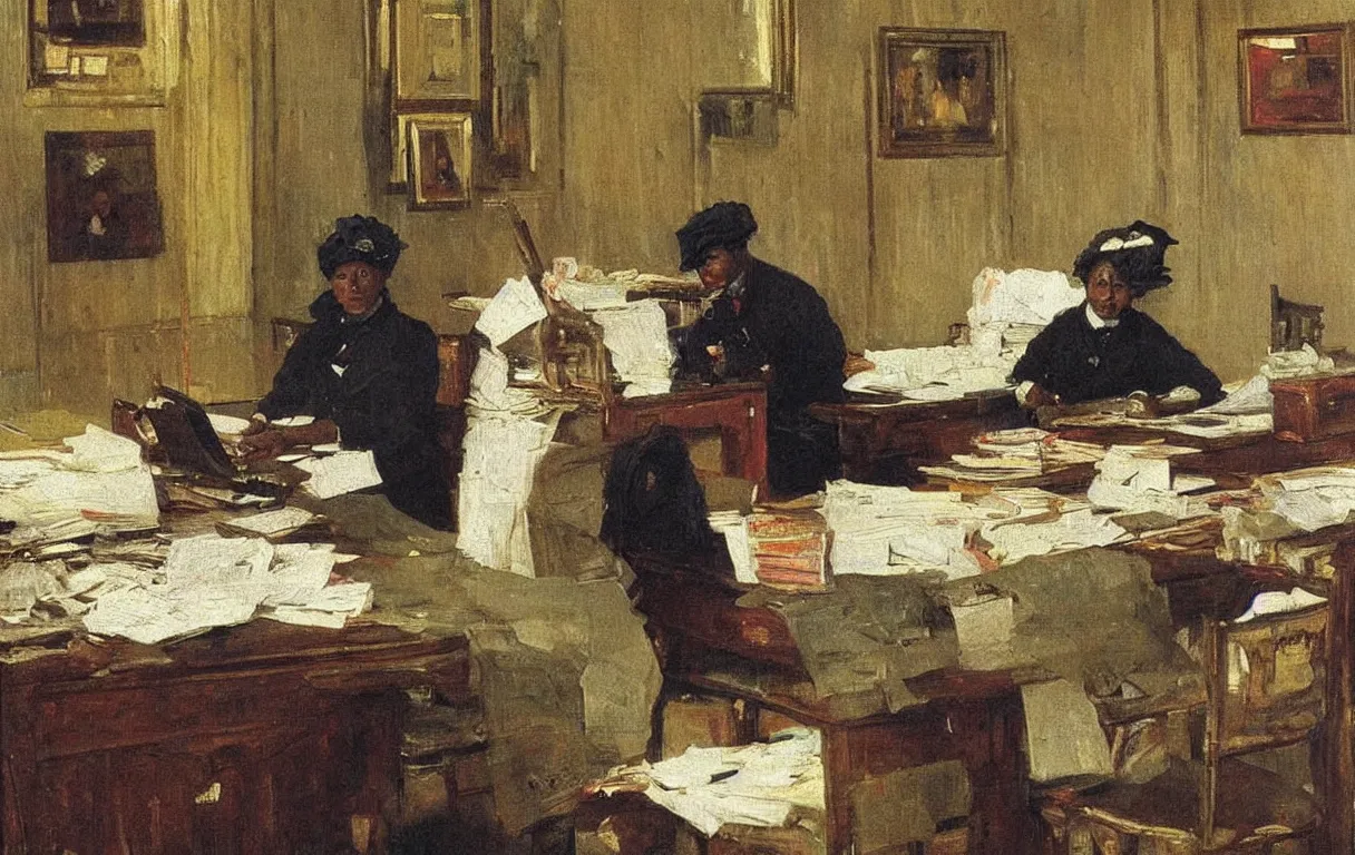 Prompt: british colonial clerk working in office in lagos, 1905, colourful highly detailed oil on canvas, by Ilya Repin