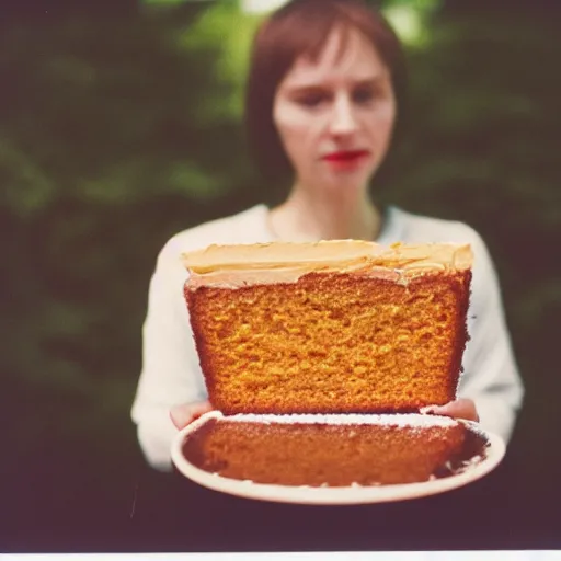 Image similar to woman eating orange cake, color film photography, 5 0 mm film