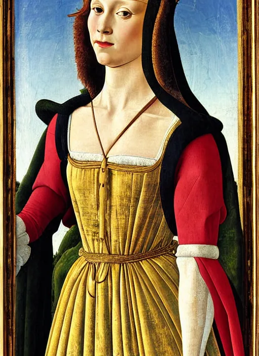 Prompt: portrait of young woman in renaissance dress and hennin, art by sandro botticelli