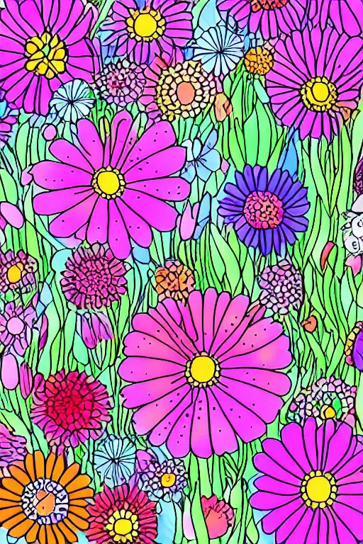 Prompt: spring flowers, happy and beautiful, in the style of coloring book