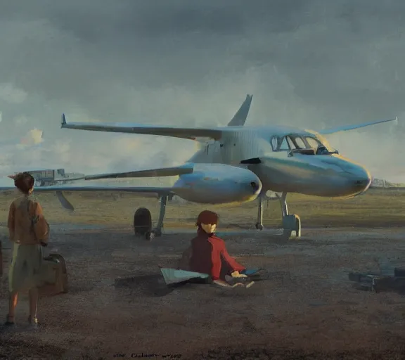 Image similar to people near the plane at the airfield, the view from the drone, portrait, close view, painting by craig mullins, octane rendering, soft morning lighting, wide angle lens, in the style of hayao miyazaki, trending on artstation,