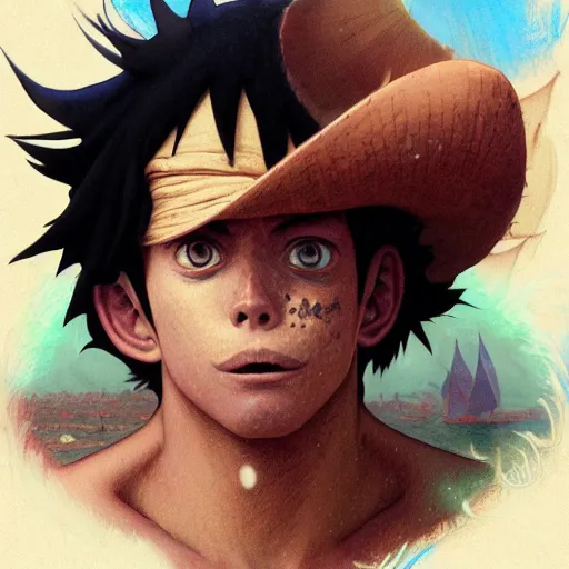 Image similar to highly detailed vfx portrait of monkey d. luffy, stephen bliss, greg rutkowski, loish, rhads, beeple, makoto shinkai, tom bagshaw, alphonse mucha, global illumination, sharp focus, art by artgerm and greg rutkowski, stanley kubrick, best of behance, cinematic lighting