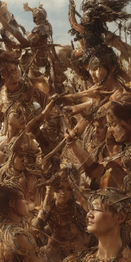 Image similar to ancient tribal war, masterpiece by Edgar Maxence and Ross Tran and Michael Whelan, 8k, octane render