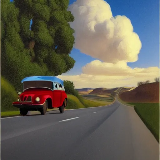 Prompt: an amazing car adventure across the country-side by Raphael, Hopper, and Rene Magritte. detailed, romantic, enchanting, trending on artstation.