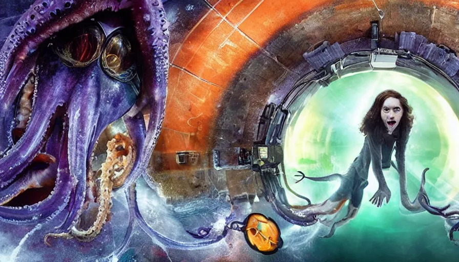 Prompt: big budget movie about a demonic squid from another dimension attacking the control room of the large hadron collider