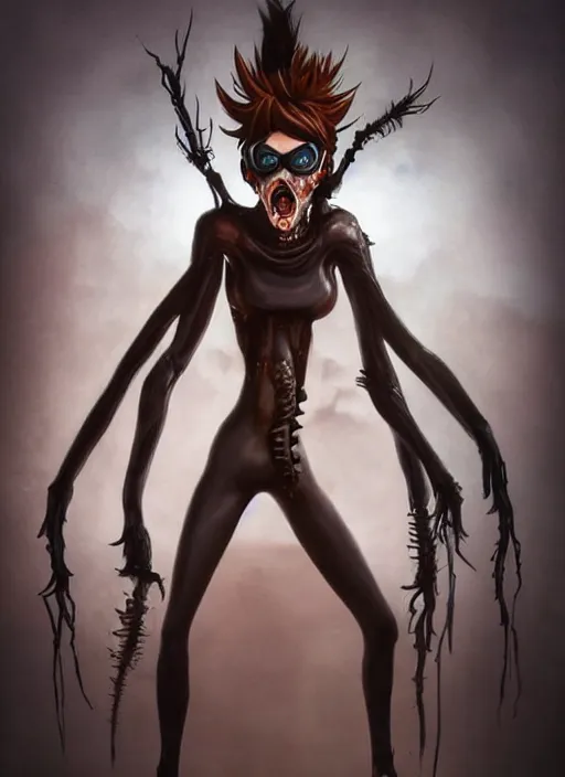 Image similar to dark full body painting of tracer from overwatch, in style of zdzisław beksinski, scary, horror, 4 k, feminine facial features, overwatch tracer character, horror, body horror, disturbing, detailed face, dressed in dark garment, black tendrils, tall,