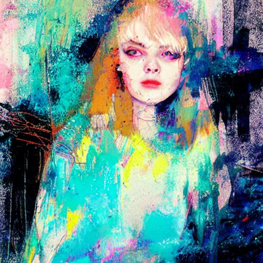 Prompt: abstract painting of Elle Fanning, by Bill Sienkiewicz