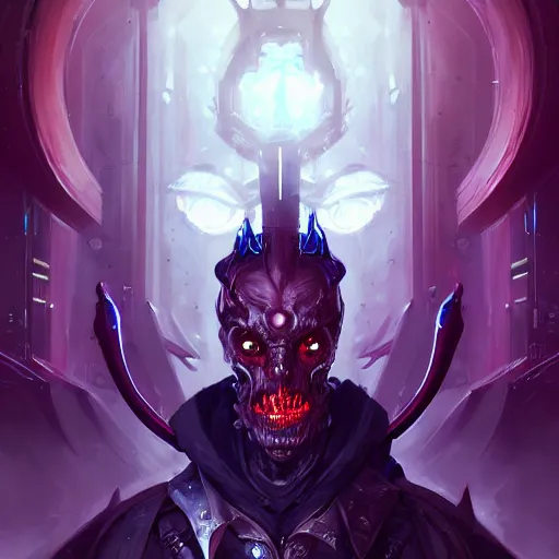 Prompt: a portrait of a demonic cybernetic duke of hell, cyberpunk concept art by pete mohrbacher and wlop and artgerm and josan gonzales, digital art, highly detailed, intricate, sci-fi, sharp focus, Trending on Artstation HQ, deviantart, unreal engine 5, 4K UHD image