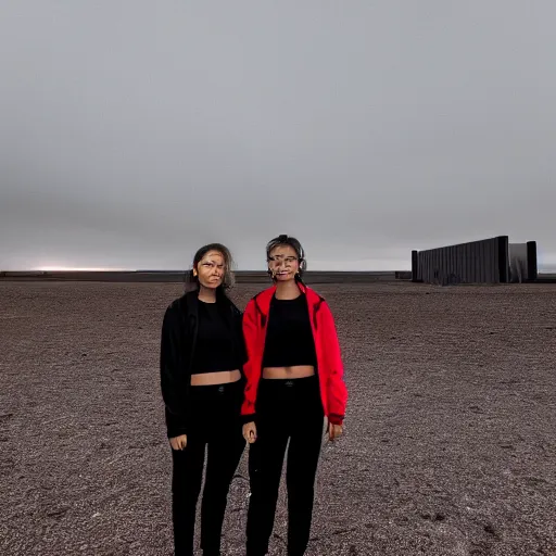 Image similar to photograph of 2 women wearing black techwear in front of a brutalist sharp - edged metal building, on a desolate plain, red eerie sky, sigma 8 5 mm f / 1. 4, 4 k, depth of field, high resolution, 4 k, 8 k, hd, full color