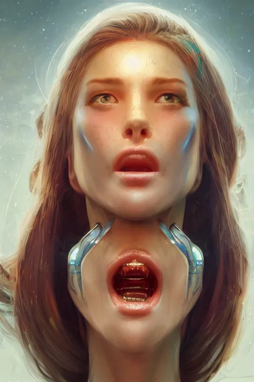 Image similar to attractive female i robot sticking out the tongue out sensually, close - up portrait, intricate, elegant, volumetric lighting, scenery, digital painting, highly detailed, artstation, sharp focus, illustration, concept art, luis rollo, ruan jia, steve mccurry, john berkey