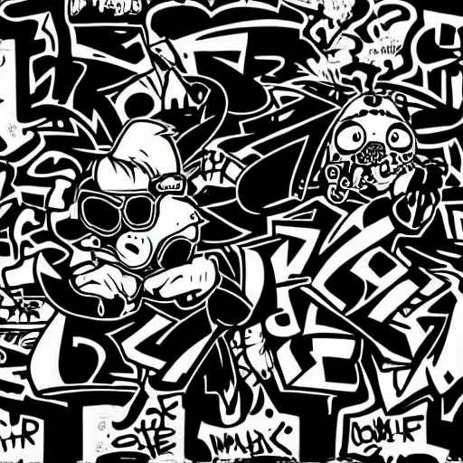 Image similar to zef design black and white color scheme, graffiti, cute characters