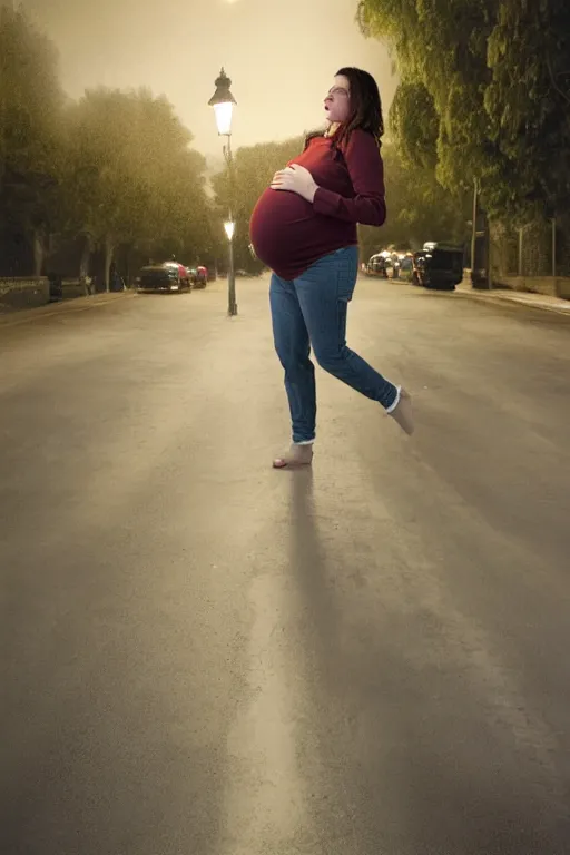 Image similar to pregnant woman under street light, jeans and sweater, by Alyssa Monks, Bouguereau