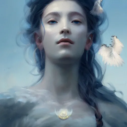 Prompt: a beautiful portrait of a cloud goddess with birds in the background by Greg Rutkowski and Raymond Swanland, Trending on Artstation, ultra realistic digital art