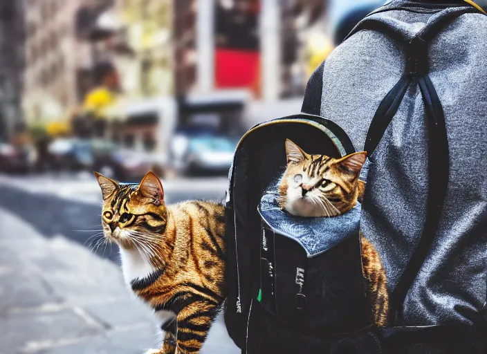 Image similar to photography of a Cat being carried in an half open backpack . in a new york street. award winning photo, led lighting, night, 130mm, sharp, high res