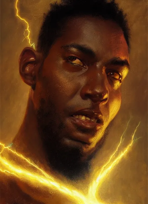 Prompt: young black man, god of lightning, powerful, smug expression, highly detailed painting by gaston bussiere, craig mullins, j. c. leyendecker 8 k, sparkling storm clouds