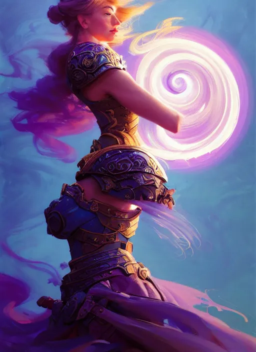 Image similar to side portrait, imogen poots, paladin, fantasy armor, gloomhaven, soft, smooth, luminescent, colorful swirly ripples, gaudy colors, by greg manchess, huang guangjian, gil elvgren, sachin teng, greg rutkowski, jesper ejsing, rhads, ilya kuvshinov, cushart krenz