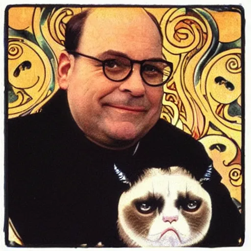 Prompt: “ george costanza from seinfeld holding grumpy cat, art nouveau, by alphonse mucha ”