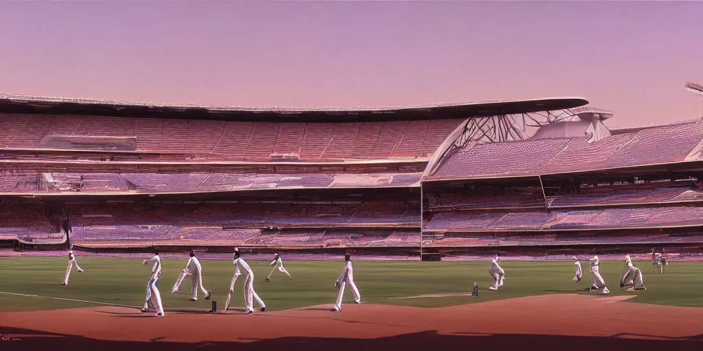 Prompt: a futuristic cricket stadium, syd mead cinematic painting, 4 k