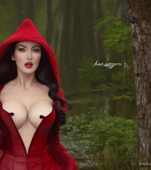 Prompt: film still of Monica Bellucci as snow white ,red hat, fur coat, leather top, elegant, decent, in a forest by a pond with frogs, by artgerm, makoto sinkai, magali villeneuve, Gil Elvgren, Earl Moran,Enoch Bolles, symmetrical,
