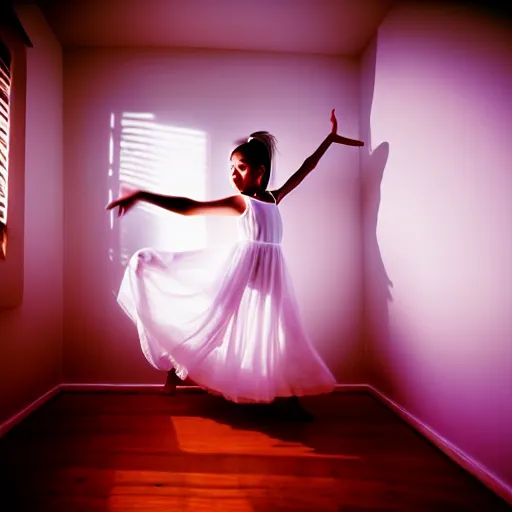 Image similar to cute girl wearing white dancing joyfully in her bedroom at night, dark atmospheric lighting, elegant, highly detailed, heavy grain, sharp focus, depth of field, radiant light, 8 k, hdr, beautiful composition, photographed by steve mccurry