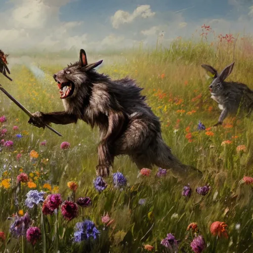 Image similar to A werewolf fighting a bunny barbarian in a field of flowers. WWII planes fly overhead, Academic painting by Greg Rutkowski, Mobile still frame. 4K UHD