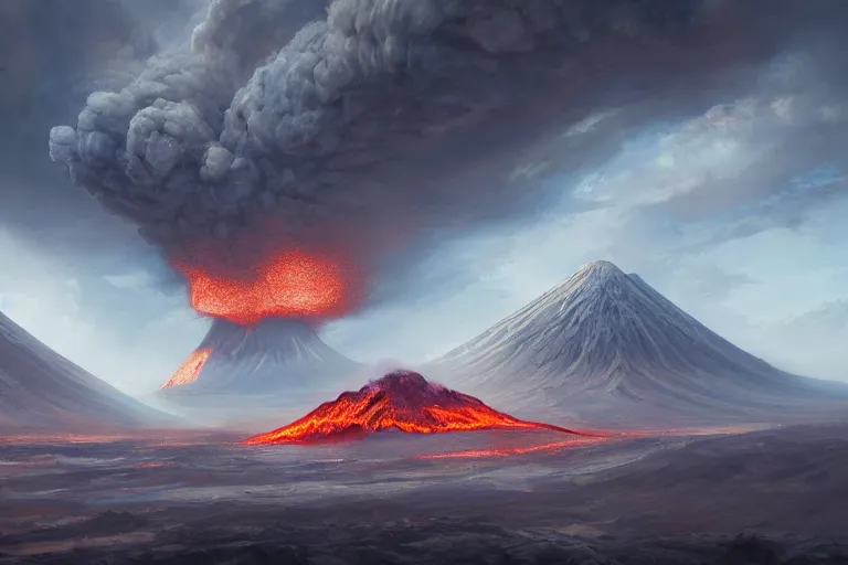 Prompt: volcano ash filling the sky and destroying civilization, fantastical, cinematic lighting, 4 k smooth, focus, concept art, highly detailed, artstation, trending, feng zhu, shaddy safadi, noah bradley, tyler edlin, jordan grimmer, darek zabrocki, neil blevins, tuomas korpi