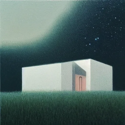 Image similar to painting by by Quint Buchholz, atmospheric cozy futuristic organic white concrete house in the middle of a lush and dense forest at night, a beautiful lake next to it, night time, night sky, starry night sky, by Quint Buchholz