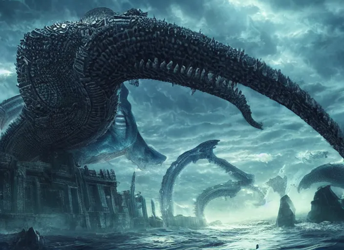 Prompt: a leviathan rising from an abandoned city, fantasy, ultra realistic, highly detailed, epic landscape, ancient, atmosphere, cinematic, art by darwin cellis and liang yao and chenxi kang