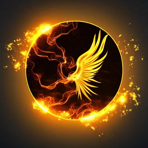 Prompt: a phoenix inside of a perfect circle made out of white and gold powder splash smoke, white marble background, high fantasy, 3d render, cgi rendering, very detailed, unreal engine, octane render, hyperrealistic