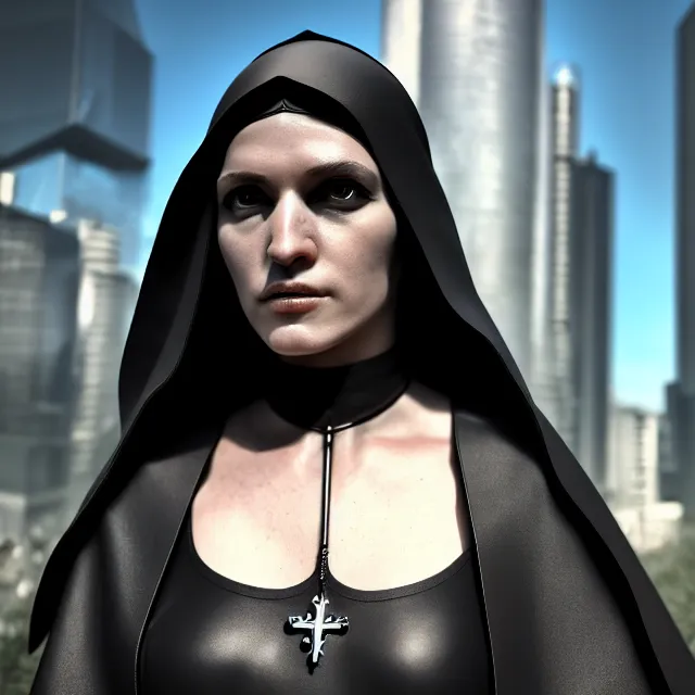 Image similar to cyberpunk nun warrior, highly detailed, 4 k, hdr, smooth, sharp focus, high resolution, award - winning photo, photorealistic