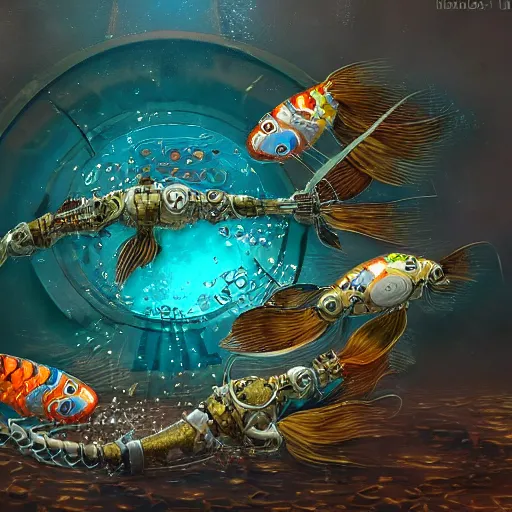 Prompt: robotic steampunk koi fish swimming in murky unfiltered pondwater, futuristic, pessimistic, artstation, ultra-detailed, 8k resolution, ultrarealistic