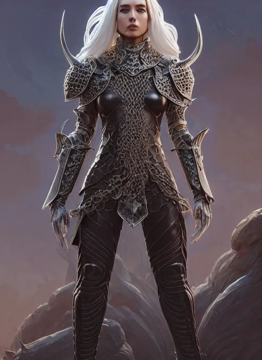 Image similar to opal leather armor!!! long wild white hair!! covered chest!!! fantasy, d & d, intricate ornate details, symmetry, concept art, sharp focus, illustration, art by artgerm! greg rutkowski magali villeneuve wlop! ilya kuvshinov!!, octane render, unreal engine 5, highly rendered!!