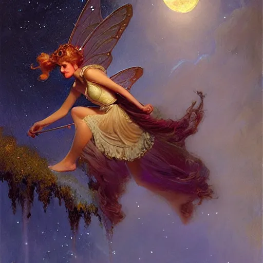 Image similar to attractive fairy magically floating high in the night, fantasy, full moon in background. highly detailed painting by gaston bussiere, craig mullins, j. c. leyendecker, sharp focus, 8 k