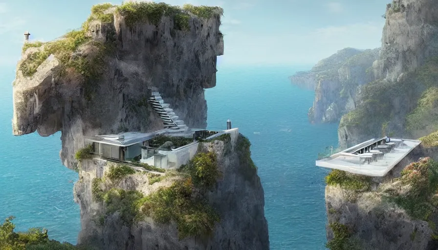 Prompt: modern house perched on a cliff overlooking a magnificient bay, concept art by raphael lacoste