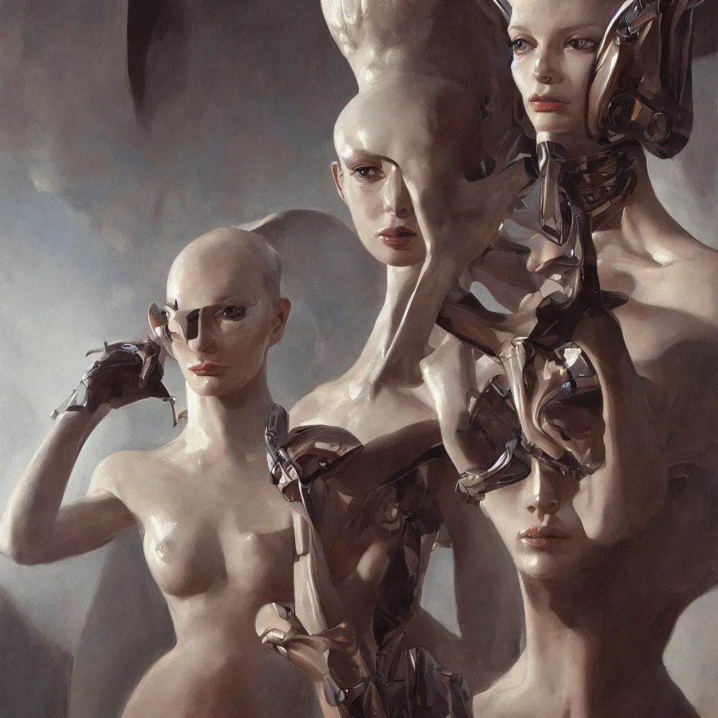 Image similar to photorealistic portrait depiction of a beautiful alien femme biology, latex domme, extraterrestrial, sharp focus, by james gurney, by corbusier, by greg rutkowski, ornate painting, high quality