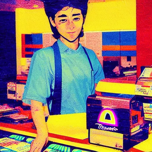 Prompt: A retro anime person working at a tacobell in the 80s with vhs filter pixel sorting