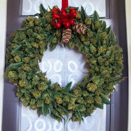 Prompt: christmas wreath woven of cannabis leaf ganja bud nugs reefer wreath leaves