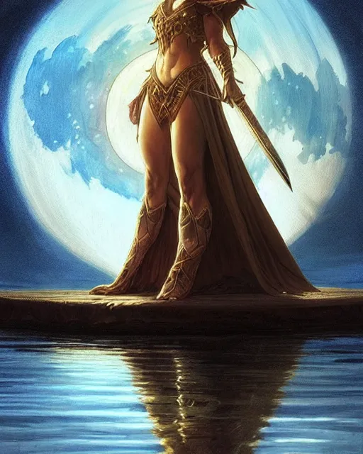 Image similar to a magic sword rising from the middle of a lake under a giant full moon, rippling reflections, western, D&D, fantasy, intricate, elegant, highly detailed, digital painting, artstation, concept art, matte, sharp focus, illustration, art by Artgerm and Greg Rutkowski and Alphonse Mucha, masterpiece, stunning, artstation