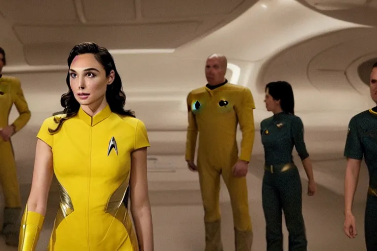 Image similar to Gal Gadot, wearing a yellow uniform, is the captain of the starship Enterprise in the new Star Trek movie