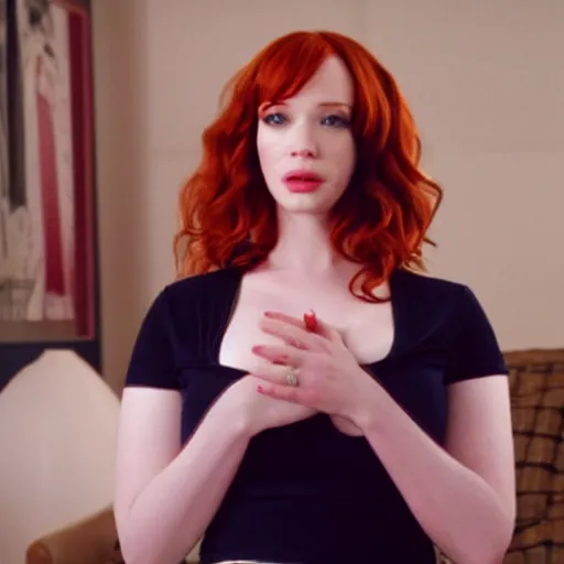 Image similar to a very surprised looking beautiful christina hendricks in a miniskirt in the living room, film still from the movie directed by denis villeneuve, wide lens