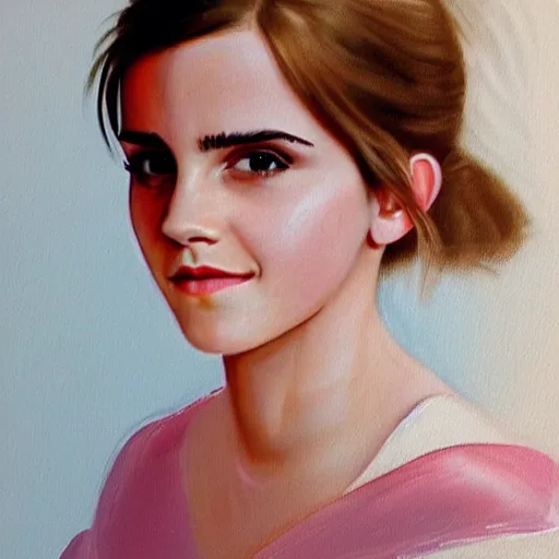 Image similar to A beautiful painting of Emma Watson with a faint pink tint in her cheeks. Her eyes are looking towards the left, and she wears a small possibly amused smile. by Raphael