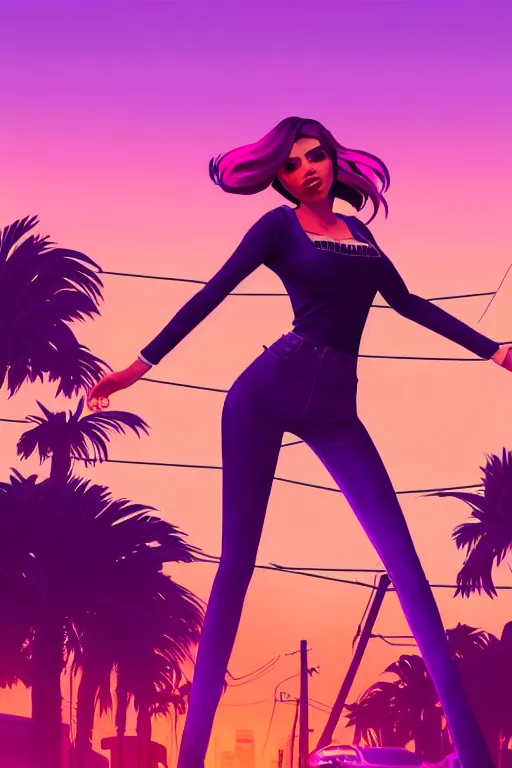 Image similar to a stunning GTA V loading screen with a beautiful woman with ombre purple pink hairstyle, hair blowing in the wind, sunset mood, outrun, vaporware, retro, digital art, trending on artstation