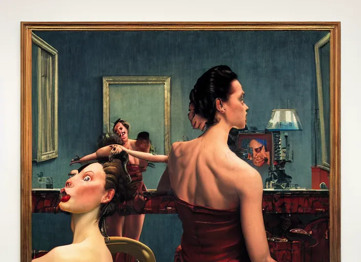 Prompt: a woman looking at her reflection in a large mirror by francis bacon, surreal, norman rockwell and james jean, greg hildebrandt, and mark brooks, triadic color scheme, by greg rutkowski, in the style of francis bacon and syd mead and edward hopper and norman rockwell and beksinski, dark surrealism, open ceiling