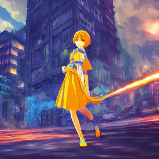 Image similar to anime ukrainian girl, in blue and yellow clothes, watching explosions in big city, concept art, trending on artstation, highly detailed, intricate, sharp focus, digital art, 8 k