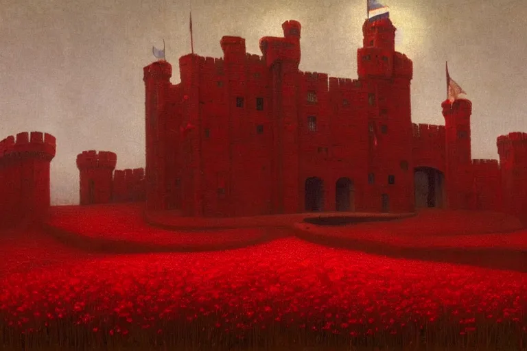 Image similar to only with red, red flowers, a crimson tiger, a castle in the background, medieval demons, an ancient path in the style of beksinski, part by hopper, part by rodcenko, part by hofbauer, intricate composition, red by caravaggio, insanely quality, highly detailed, masterpiece, red light, artstation